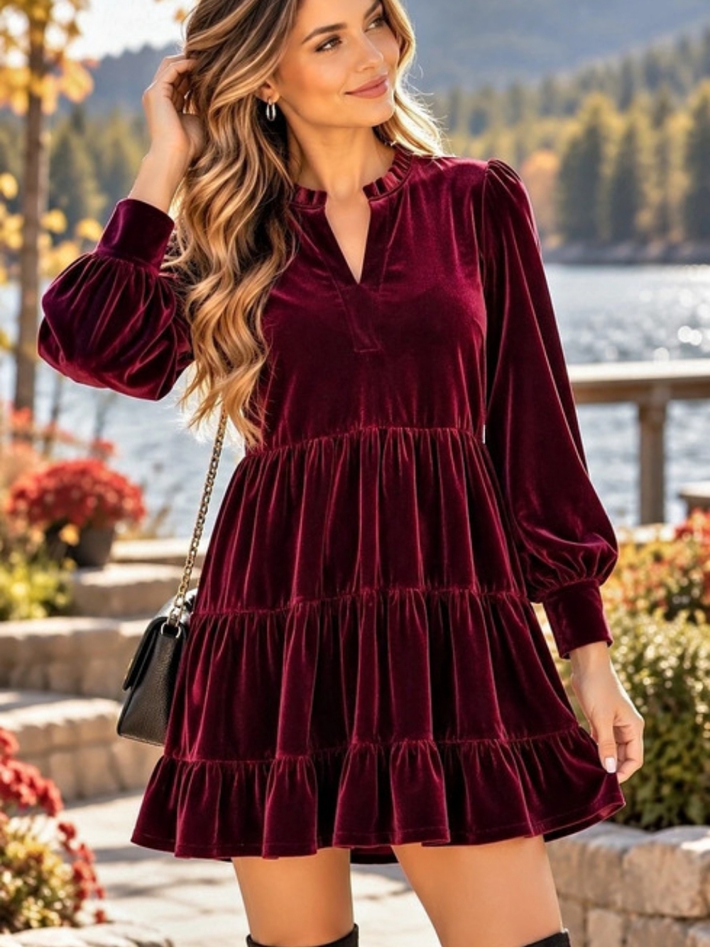 CeCe Long Sleeve Tiered Stretch Velvet Dress Mini in Red